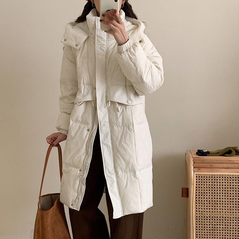 

Стильный и милый женский зимний пуховик средней длины и длинный с капюшоном, утолщенный, на пуху белой утки, теплая куртка, тренд one size fits all
