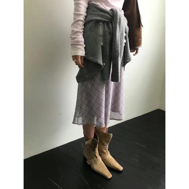 Cowhide Version Boots Women's New Retro Square Head Suede Short Boots Women's Thick Heel Wide Tube Boots Foldable Brown Western Boots