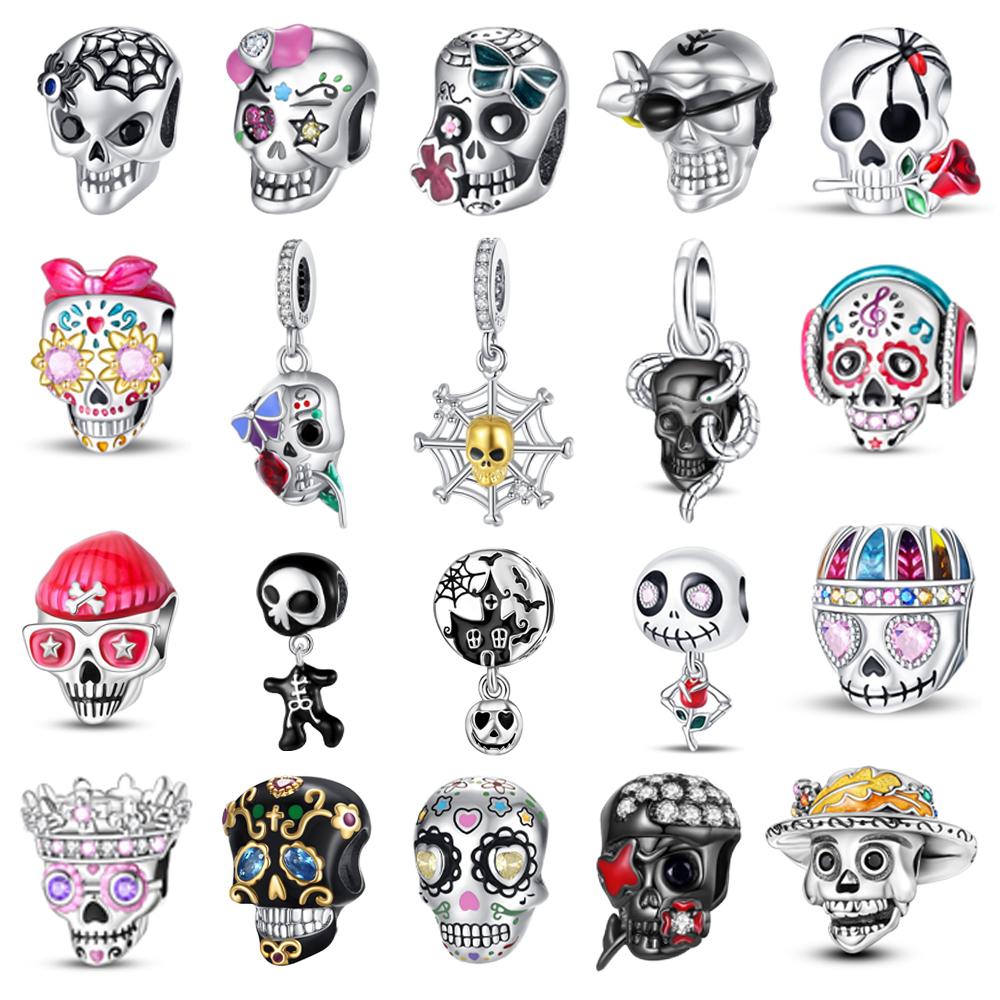Stunning 925 Silver Ghost Rose Beads & Spider Silk Skull Dangle Charm Fits Bracelet Halloween Pendant Accessories Gifts