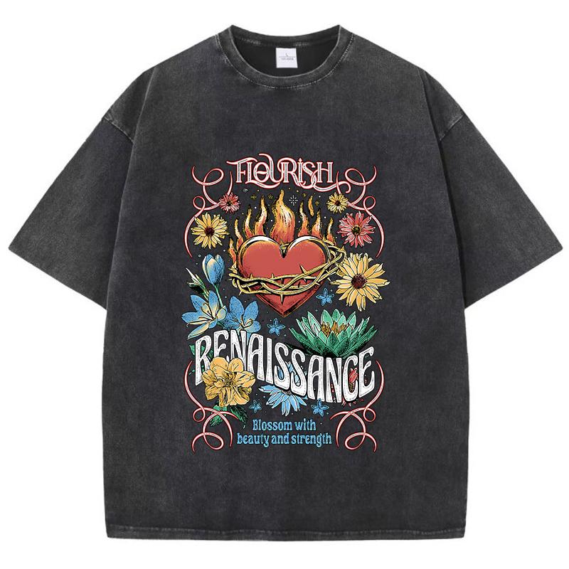 

Футболки женские из хлопка с кислотной стиркой, цветочные принты Flourish Renaissance, топы, большие состаренные футболки с круглым вырезом, одежда S