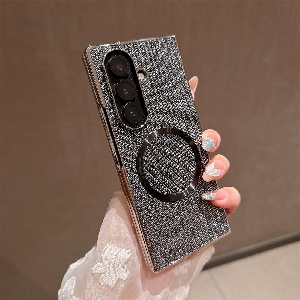 

Magnet Magnetic Mini Diamond Glitter Phone Case For Samsung Z Fold 7 6 5 4 3 For Magsafe Wireless Charging Plating Cover Galaxy Z Fold5