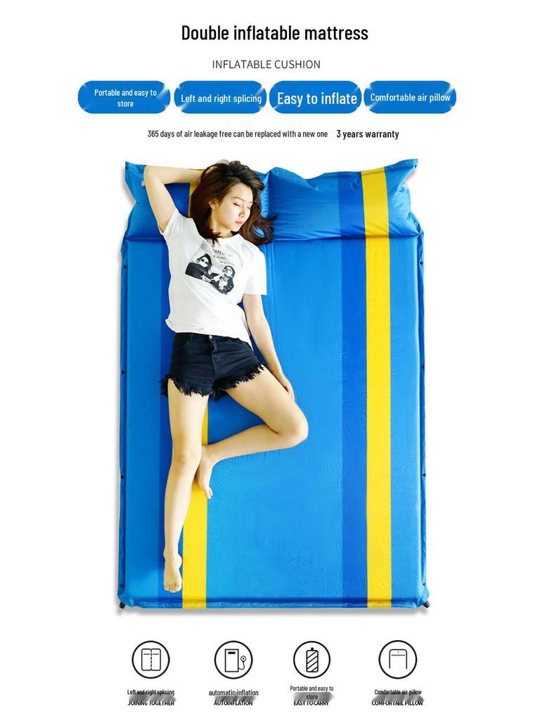 Automatic Inflatable Outdoor Sleeping Pad - Thick, Wide, Moisture-Proof Mat for 3-4 People Camping