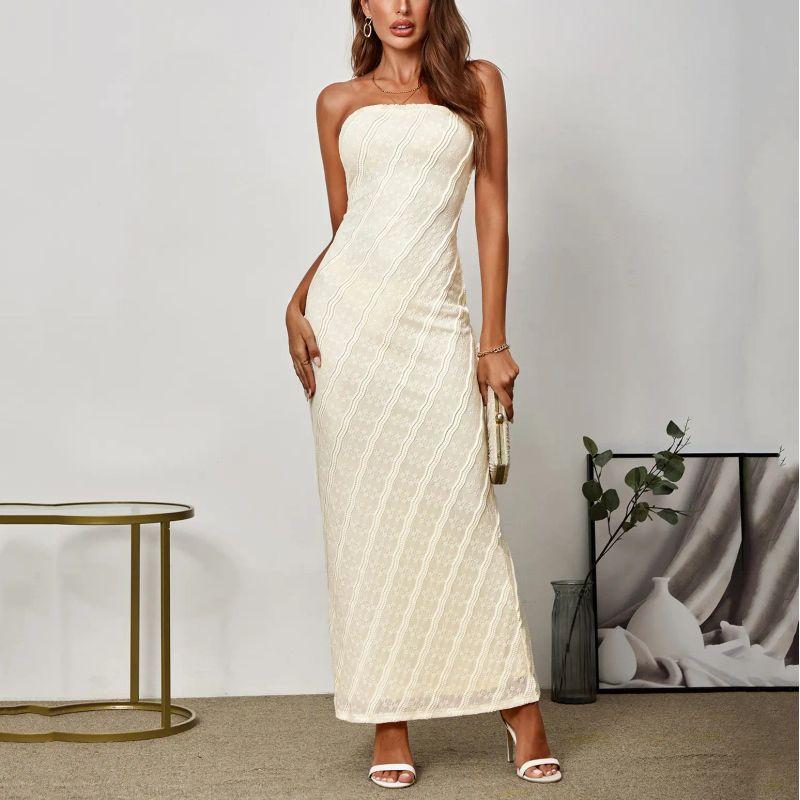 

European and American Sexy Backless Three-Dimensional Lace Long Fishtail Dress Sexy Backless Dress Apricot color L