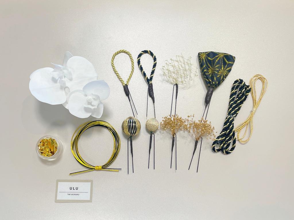 Phalaenopsis Orchidee Haar Schwarz und Gold Gold Abschluss Hakama Ornament, Volljährigkeitszeremonie, Gold, Tamakanzashi, Mizuhiki, Kordel, Blatt, Kopfschmuck,