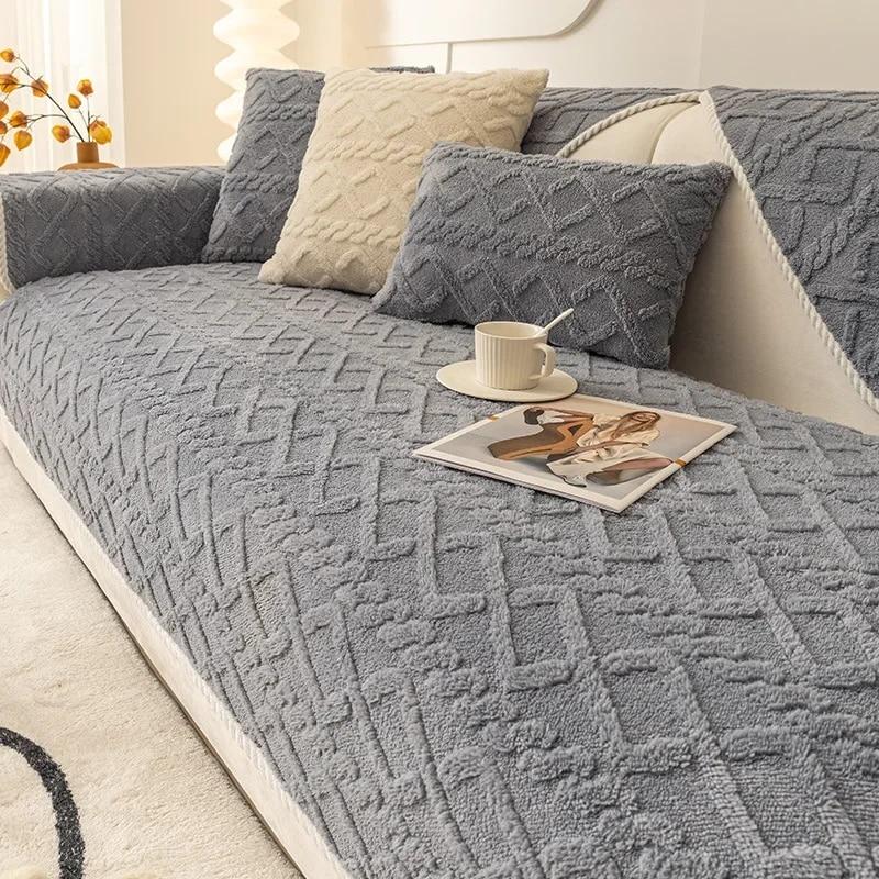Sofa Protector Home Decor Fleece Sofa Cover for Winter Sofa Seat Slipcovers Solid Color Plush Jacquard Housse Canape Dangle