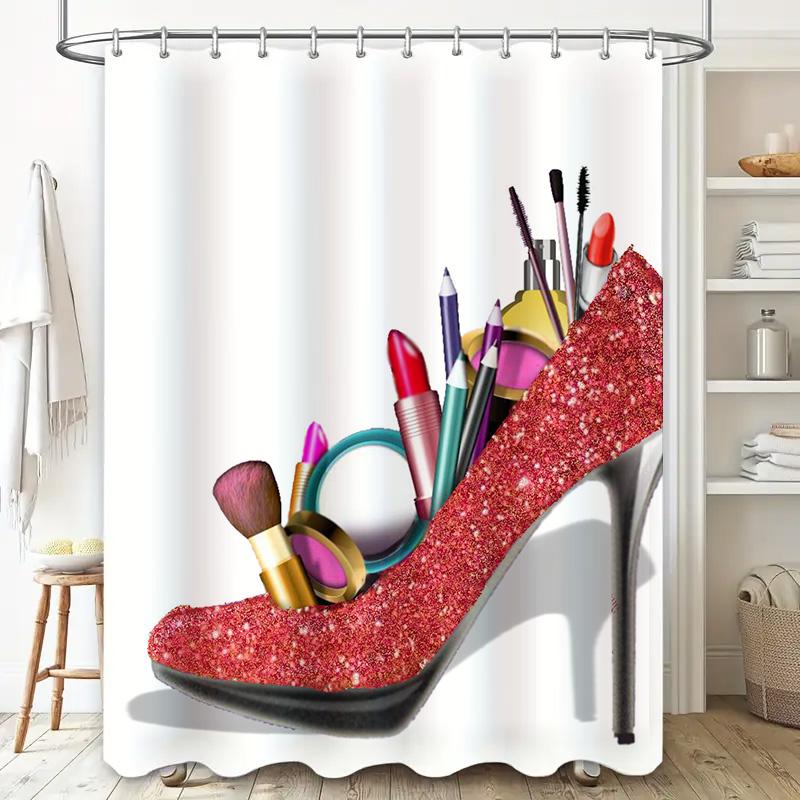 Luxury Heels Makeup Shower Curtain With Sequins Fashion Bathroom Decor For Women'S Cosmetics Display Ideas
