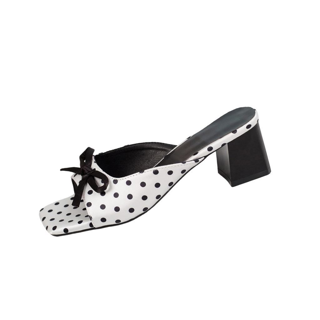 French Polka Dot Bow, One Line Temperament, Coarse Heel, Cool Slippers