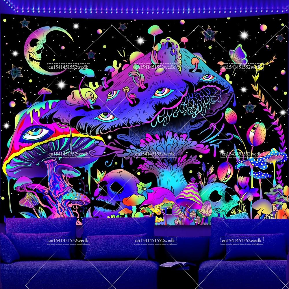 Skeleton Eye Blacklight Mushroom Tapestry UV Reactive Sun And Moon Neon Tapestrys Glow In The Dark Aesthetic Room Decor Posters