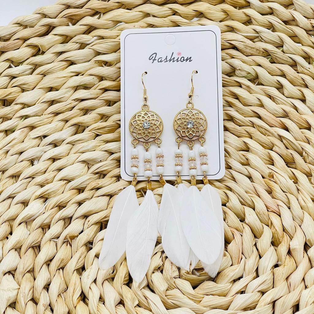 Vintage Bohemian Feather Tassel Earrings Exaggerated Ethnic Vacation Dangle Ear Jewelry Fashion Accessories For Women