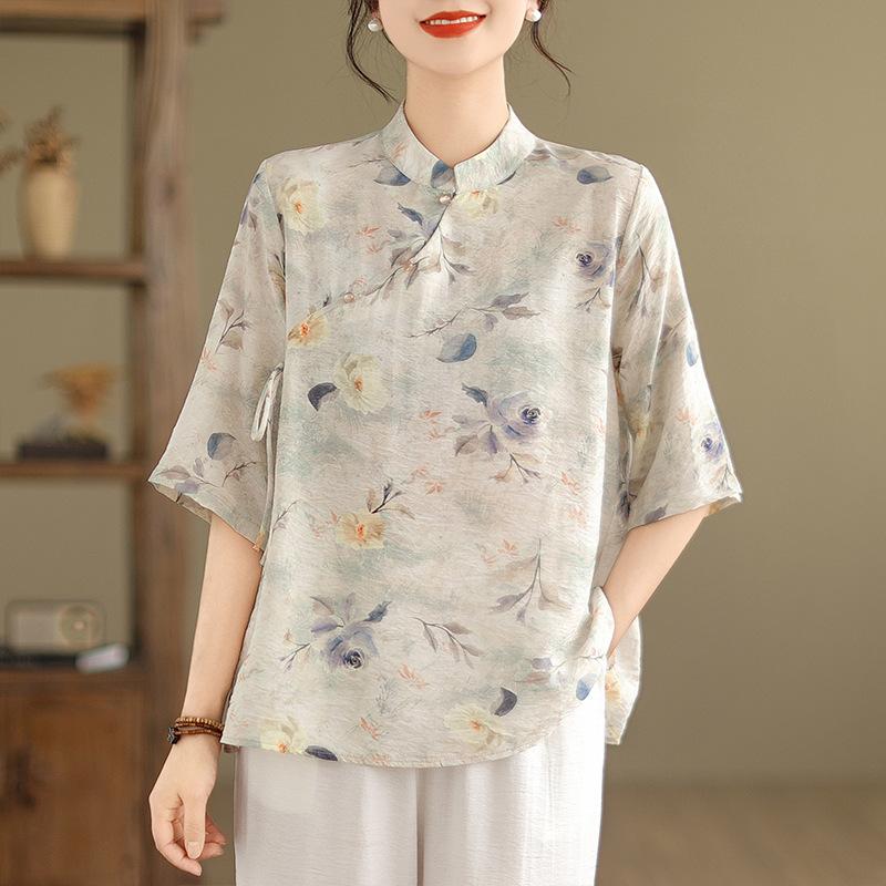 

Летняя винтажная рубашка с принтом, со стеклянной пряжкой и шнуровкой, женский топ M фиолетовый