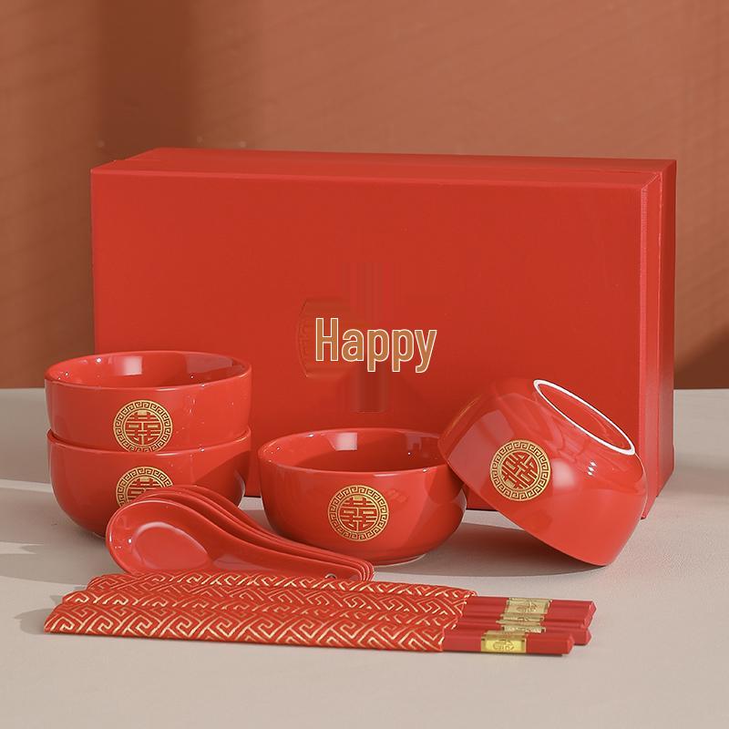 Chinese Wedding Red Bowls & Chopsticks Set: Bride Dowry Gift Pair