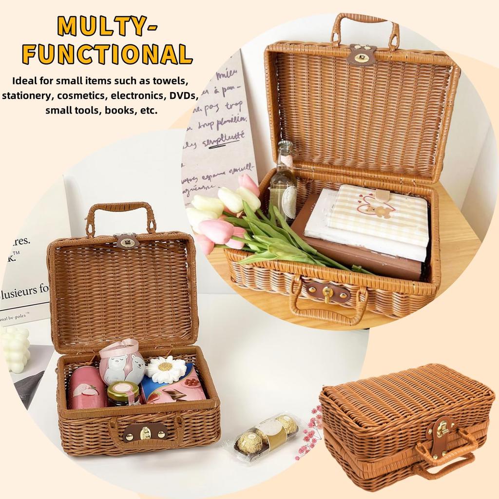 Retro Handwoven Storage Box Travel Picnic Suitcase Imitation Rattan Woven Storage Home Sundries Organizer Basket Decorative Prop