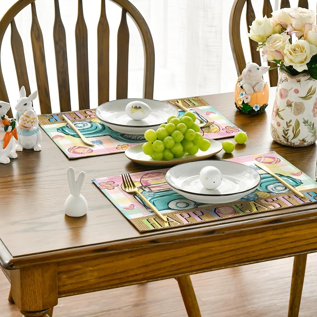 4pcs Buffalo Check Easter Placemats, Featuring Rabbits, Daisies, and Carrots, Perfect for Party, Kitchen, and Dining Room Decor