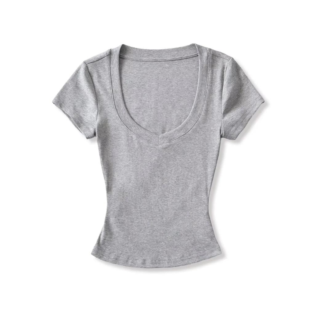 Peach Heart Neck Short-sleeved T-shirt Women's Summer New American Spice Girl Solid Color Basic Slim-fit Front Shoulder Bottoming Top