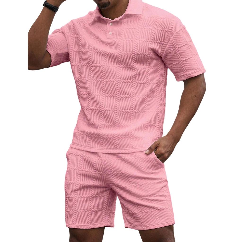 Men'S Solid Color Casual Collar Short Sleeved Shorts Two-Piece Set