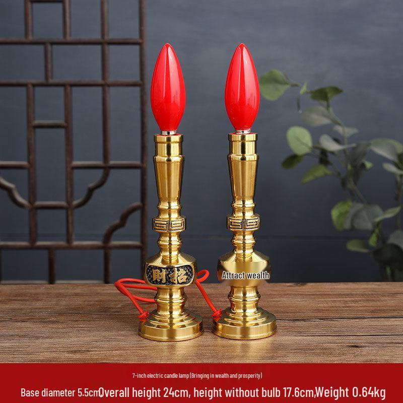 Pure Copper LED Candle Lamp for Offering: Everlasting Wealth God Incense Candlestick