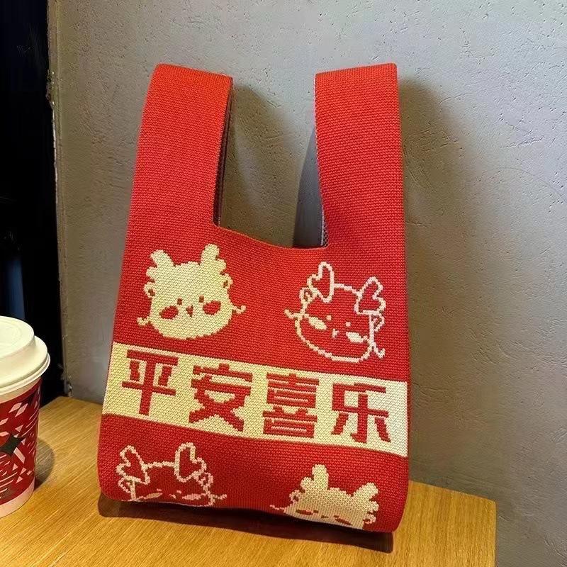 Ins Internet celebrity handbag women's knitted wool bucket bag Japanese and Korean version versatile hand carry casual tote bag box lunch bag