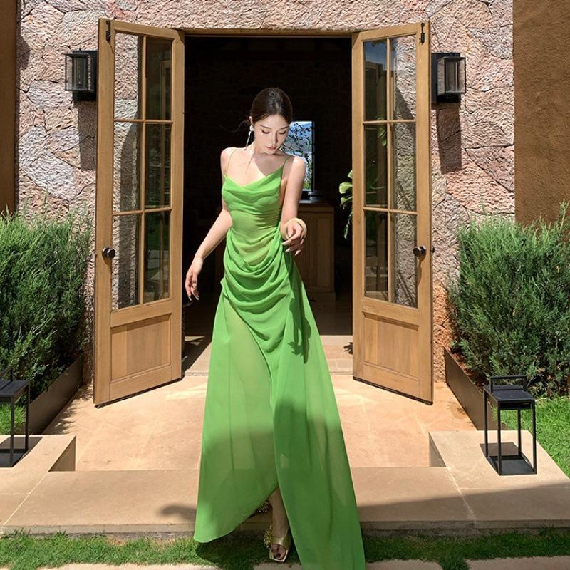 Green Swinging Neck Mesh Suspender Dress Women's Summer New Seaside Vacation Waist Dress