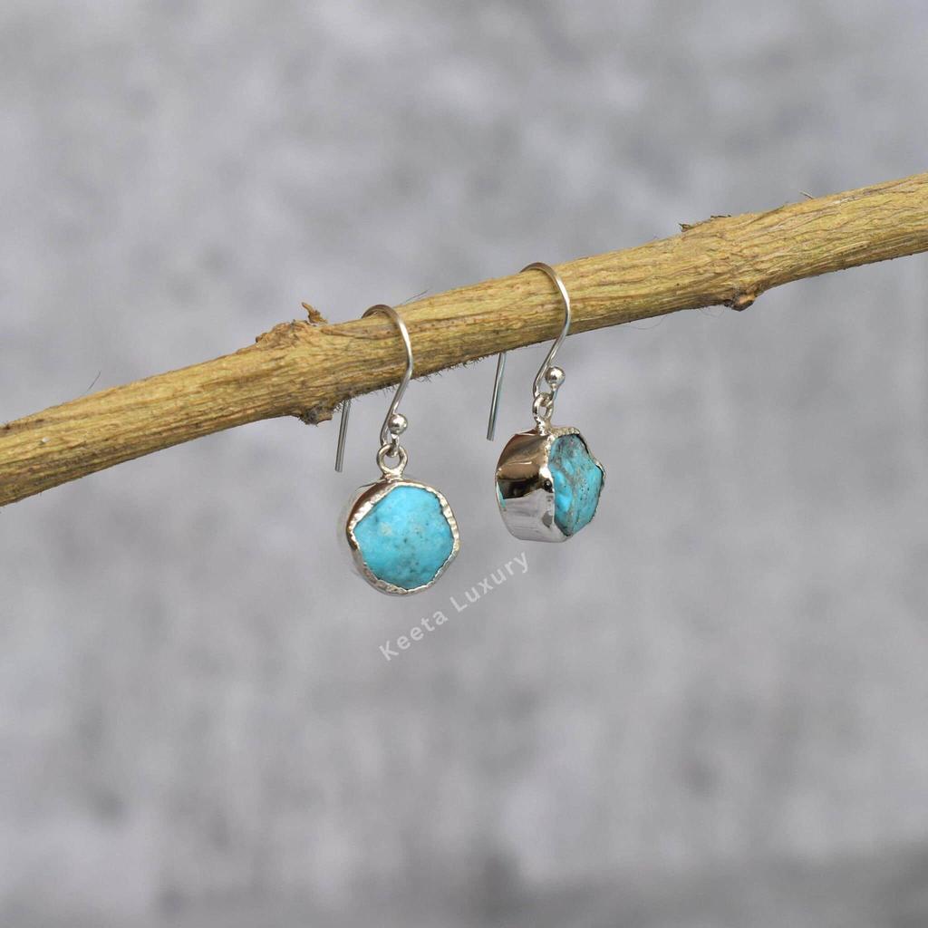 Natural Raw Turquoise Earrings Raw Turquoise Gemstone Handmade Dangle  Raw Stone 925 Sterling Silver Small Dangle  Unique Gift for Her,