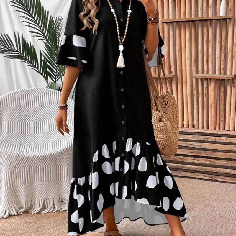 Patchwork Dress European and American 2025 Summer New Women Fashion Casual Patchwork Polka Dot Long Shirt Dress