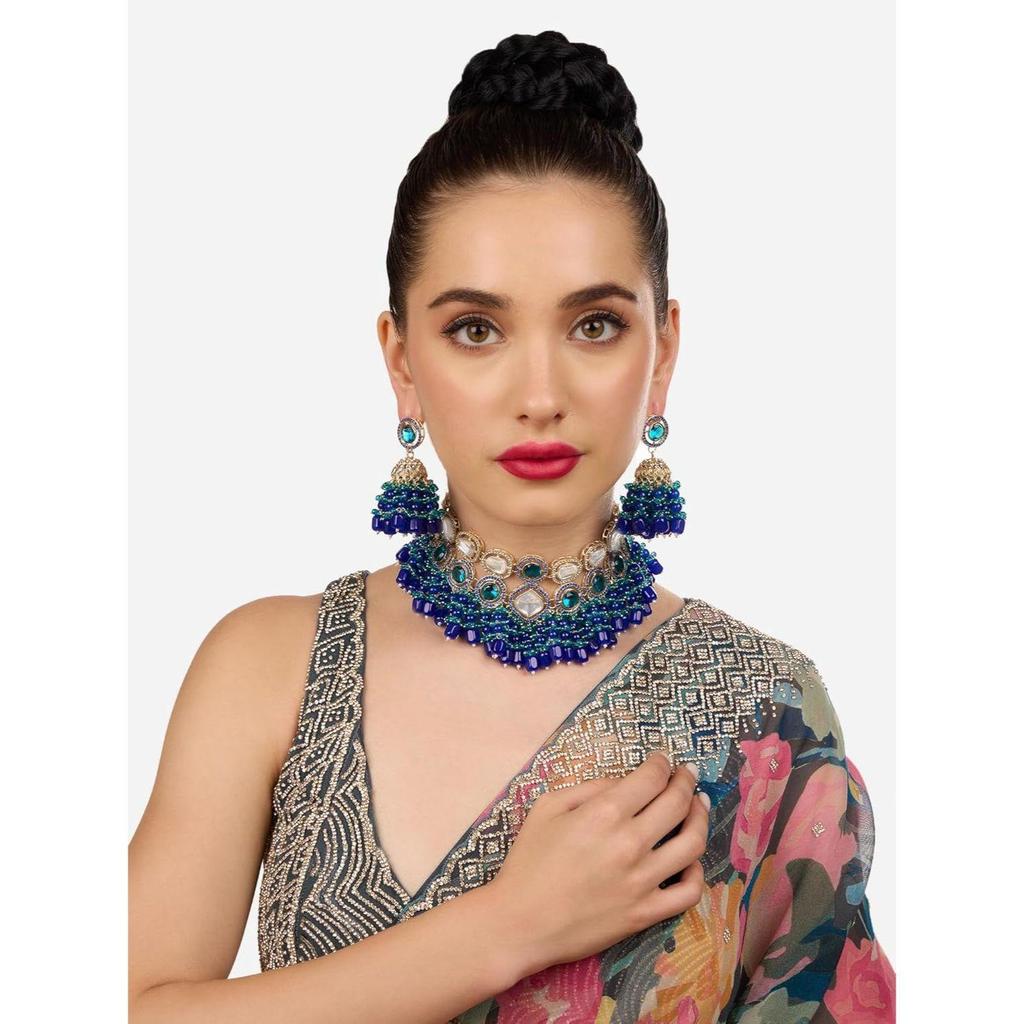 Blue Green Stones Cluster Beads Diamonds Choker Necklace & Earring Set For Women