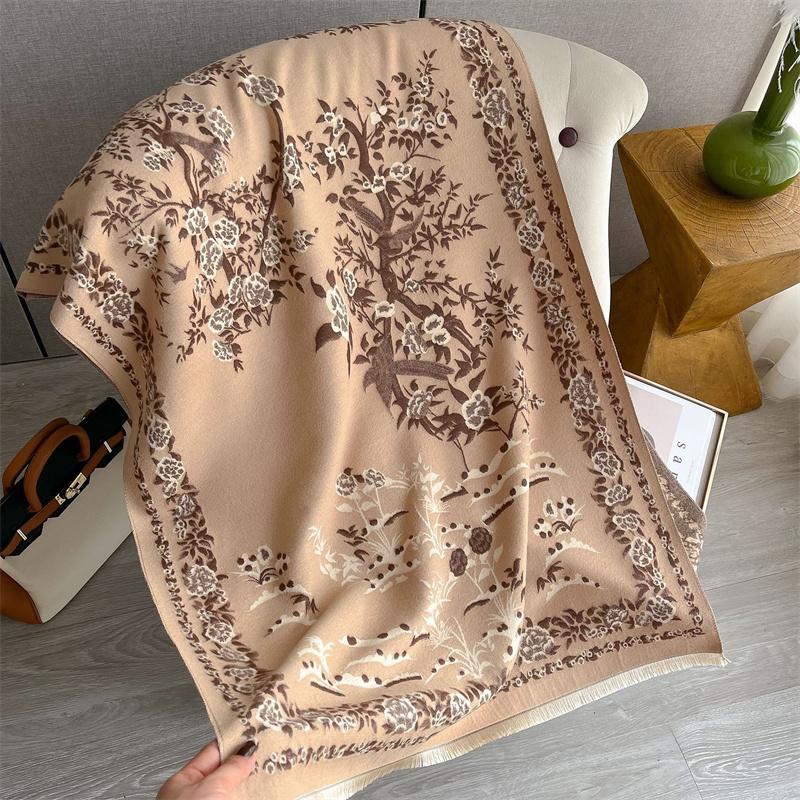 Fashion Winter Warm Cashmere Shawl Scarf For Women Flower Print Pashmina Thick Scarves Wrap Femal Poncho Echarpe Bandana