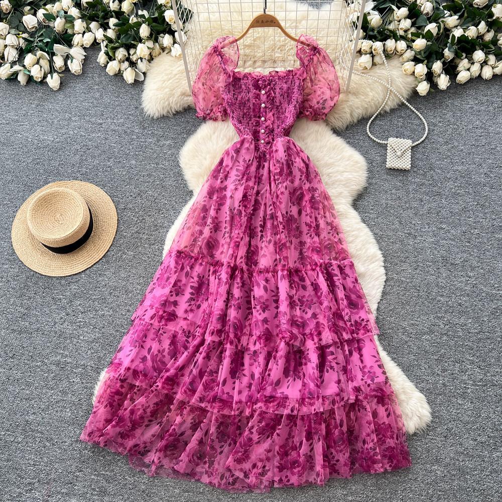 French gentle wind bubble sleeves floral dress women's summer square collar high waist A character temperament cake dress looks thin