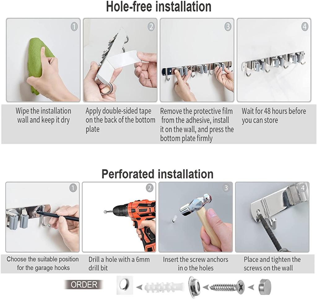 Wall Mounted Mop Rack (2 Racks And 3 Hooks) Stainless Steel Mop Rack Receive 2ML