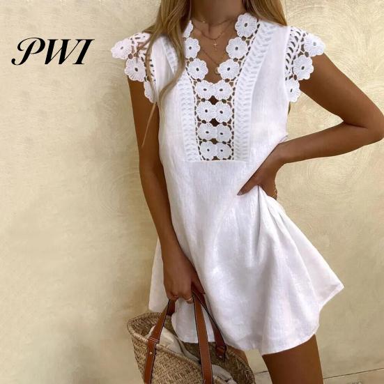 Lace Dress Women Hollow Out Summer Flower Pattern A-Line for Daily Wear Mini