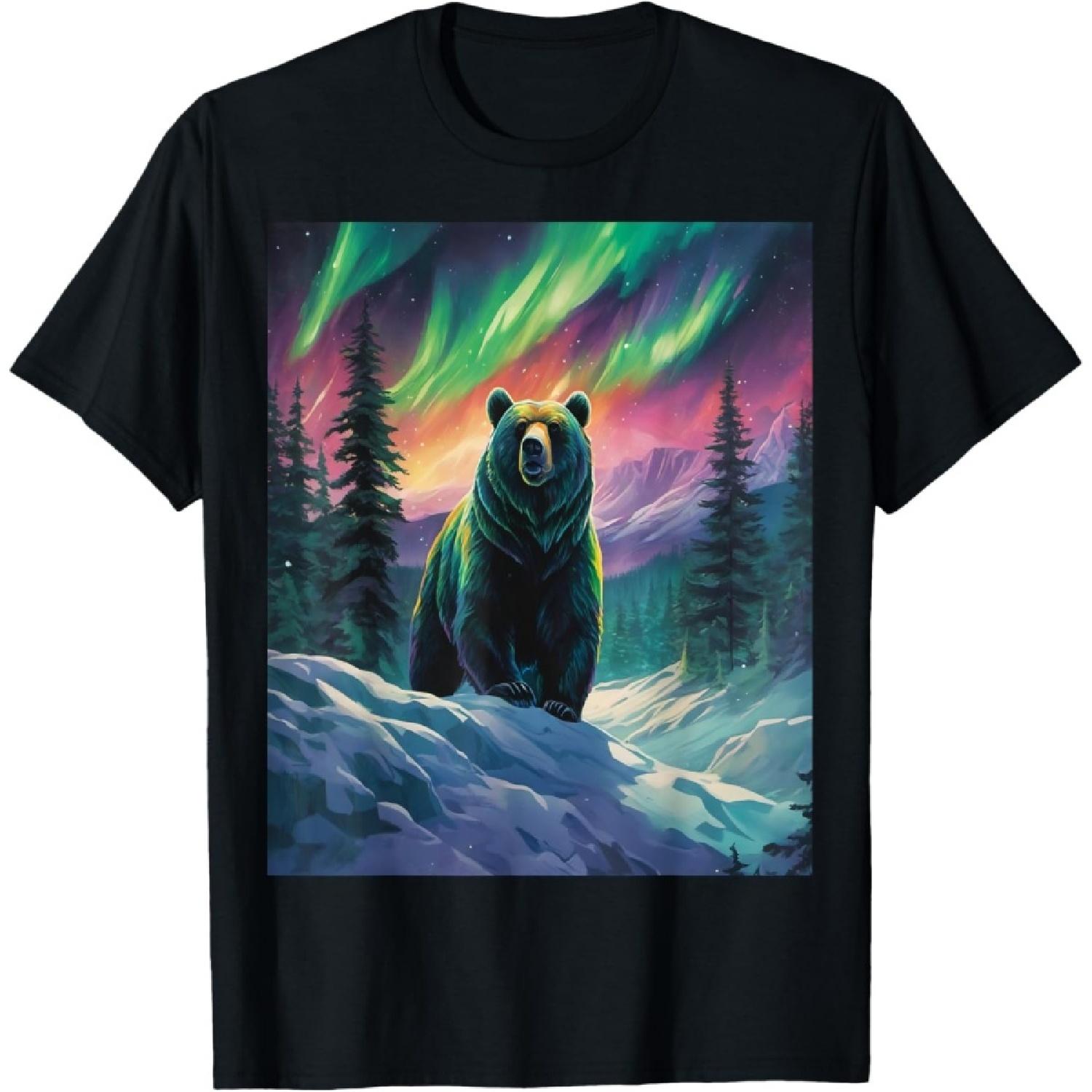 Grizzly Bear Under the Northern Lights – Wild Nature Art T-Shirt S