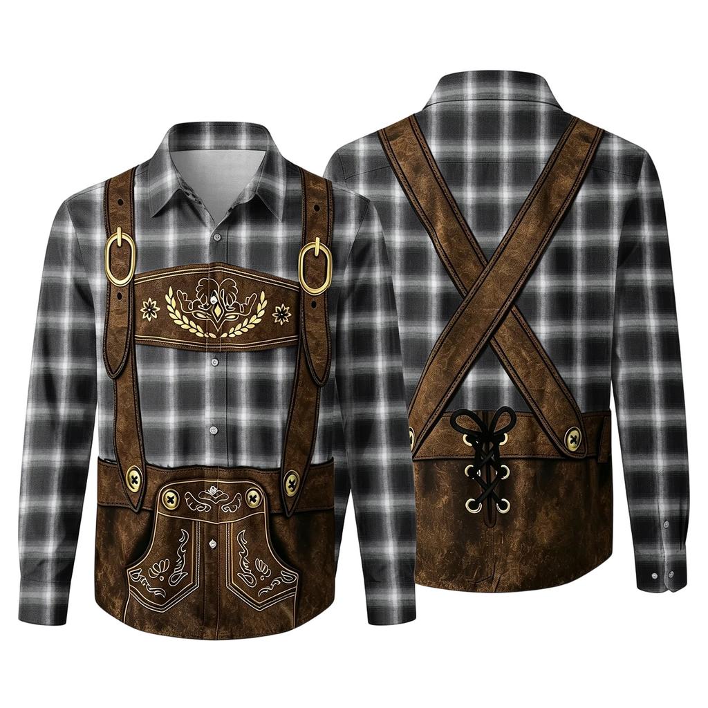 Men’s 3D Printed Plaid Long Sleeve Shirt with Vintage Pattern Relaxed Fit Button Down Collar for Festivals Parties and Outdoor Activities