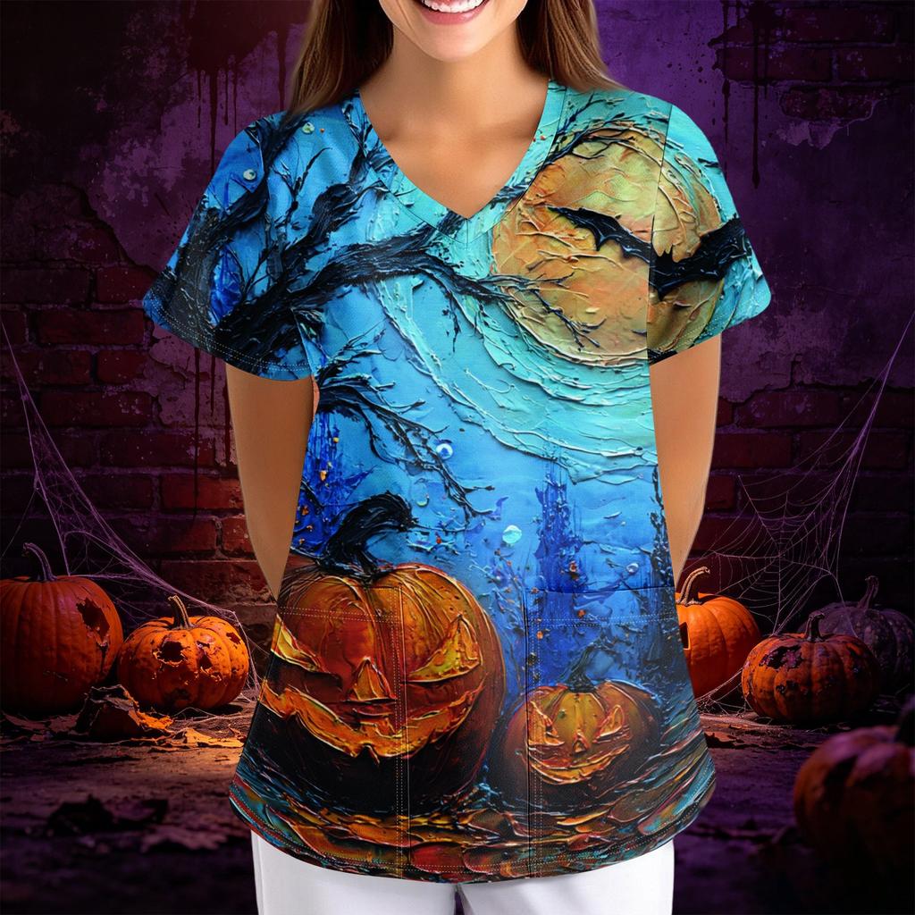 Womens Halloween Print Loose Fit V Neck Pocket Short Sleeve Scrub Top for Nurses and Professionals