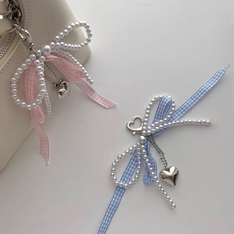 Chic Bowknot Pendant Bead Bag Charm Heart Bag Pendant Elegant Bead Keyrings Stylish Bead Keychain for Phone Key Bag