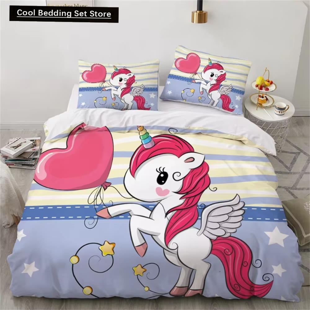 Kinderbettwäsche-Sets, Geschenke, Bettbezug-Sets mit Einhorn- und buntem Pferdedruck für Kinder, Mädchen und Jungen, 2/3-teilig, einzelne rosa Steppdecken