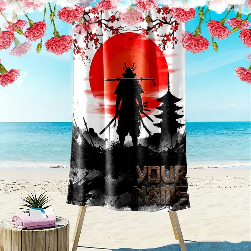 Name Custom Japanese Samurai Print Beach Towel, Large Soft Quick Dry Towel for Beach Camping Swimming