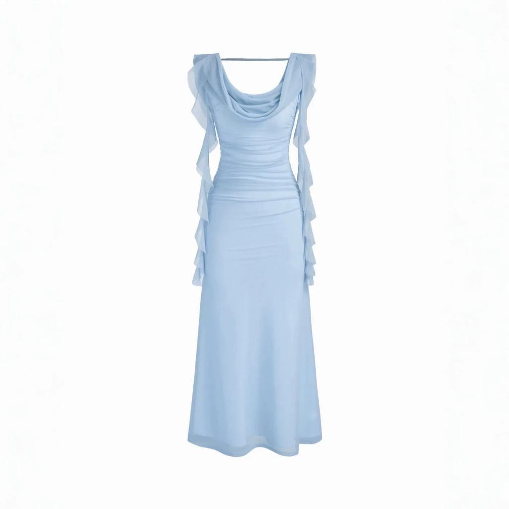 Women's Clothing Summer High-end Mesh Exquisite Dress, Swinging Collar Backless Streamer Design, Slim and Thin Temperament Long Dress