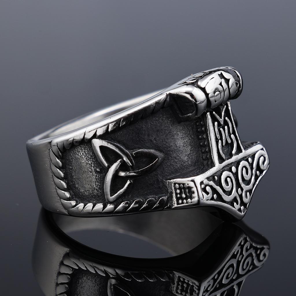 Viking Style Thor Hammer Knot Design Stainless Steel Fade Resistant Ring