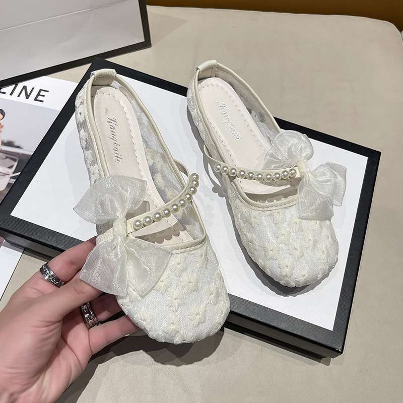 Bow bag head slippers women's outer wear 2025 summer thin mesh breathable one pedal flat lazy maternity shoes