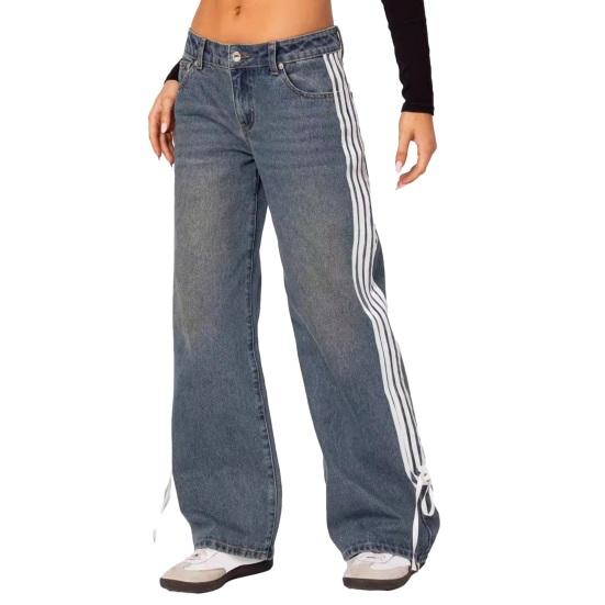 Women's Side Striped Bow Tie Jeans Boyfriend Low Rise Baggy Denim Pants Casual Straight
