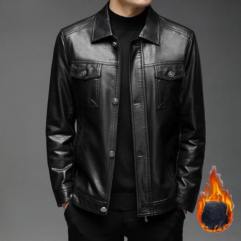 

Мужское кожаное пальто плюс бархатное тонкое пальто осенне-зимняя мотоциклетная куртка с лацканами мужская повседневная куртка из натуральной кожи из овчины M