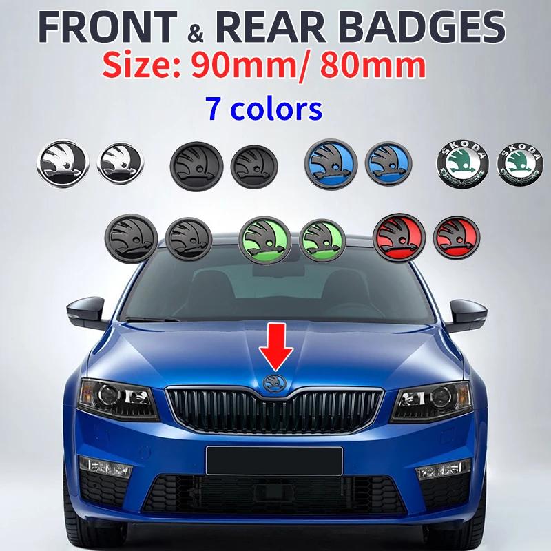 AHUQ1 2pcs 80mm/90mm 3D Car Emblem Badge Hood Front Rear Trunk Logo For Skoda Fabia 1 2 Octavia a7 RS Superb Rapid Yeti Karoq Vision