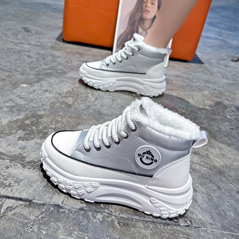 Women's Winter Style Flat Boots Fleece Lined Thickened Warm Cotton Shoes High Top Little White Shoes