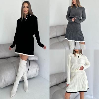 2024 New European and American Casual Skirt Set Long Sleeve Knitted Button Sweater Short Skirt Two-piece Set Women