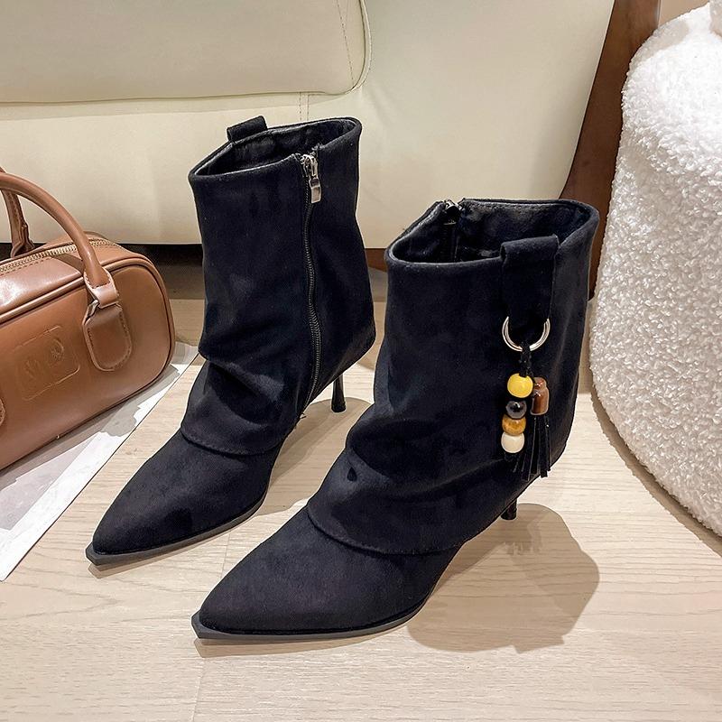 Tassel Stiletto Booties Fashion Pointed Toe Suede Side Zipper Non-Slip Wear-Resistant Heels