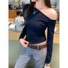Kumikumi Design Gray Sloping Shoulder Long sleeves Shirt Women Autumn Niche All-Match Loose Slimming Casual Top