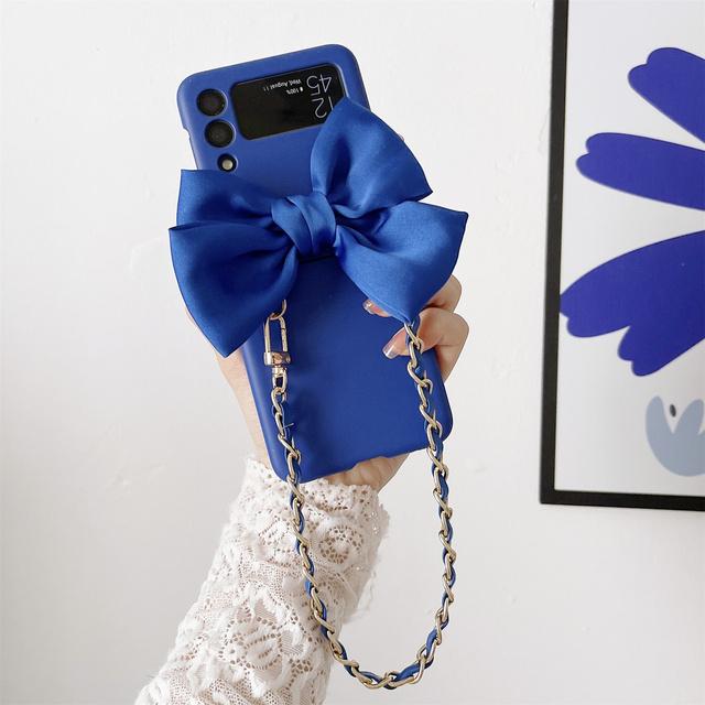 Fashion Korean Cute Silk Bow Leather Bracelet Chain Phone Case For Samsung Galaxy Z Flip 4 Z Flip 3 Zflip 5g Protective Cover