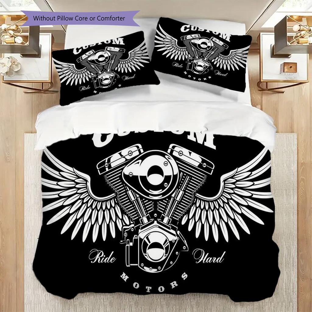 Motorcycle Club Emblem Bedding (1 * Duvet Cover + 2 * Pillowcase, Without Core) 2D Flat Duvet Cover and Pillowcase Bedding Set Soft and Comfortable