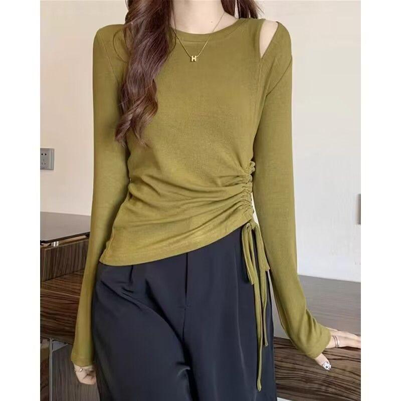 

Women s Slim Fit Off-Shoulder Drawstring Long Sleeve Top S (80-95) зелёный