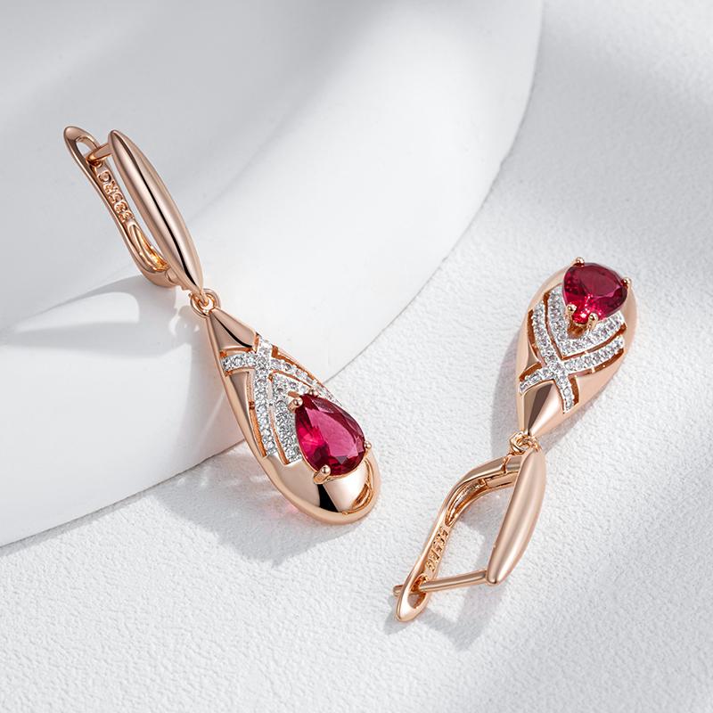 Unique Ethnic Bride Red Natural Zircon Drop Earrings For Women Fashion Rose Gold Color Mix Daily Jewelry Gift