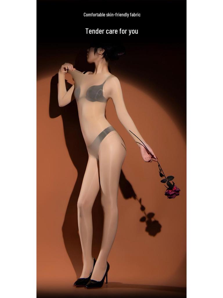 New Arrival: Sexy Seamless Oily One-Piece Stockings - Thin Style, Full Body with Open Crotch & Five-Finger Design